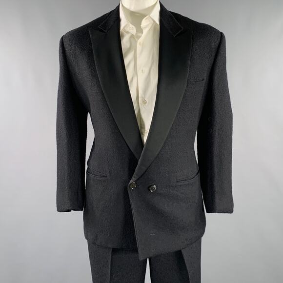 GIANNI VERSACE Size 42 Black Two Toned Wool Silk Double Breasted Tuxedo - Picture 1 of 11